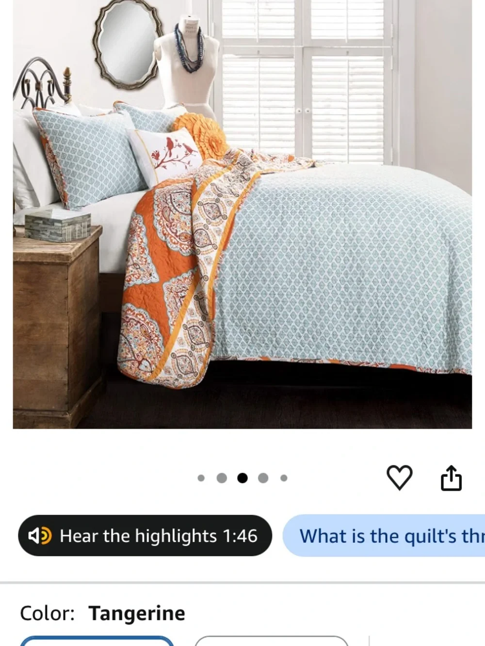 Orange Boho Paisley Quilted Bedspread reversible Teal Blue accents 2 shams King